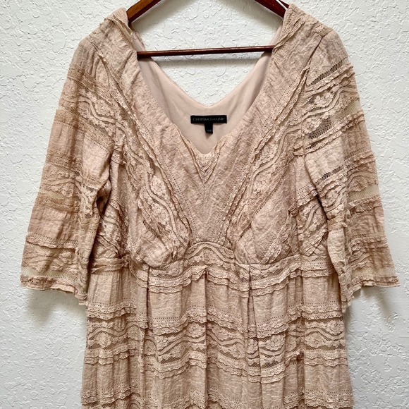 Chris McLaughlin‎ 18W Beige Lace Tiered V Neck Midi Dress 3/4 Sleeve - Picture 2 of 6